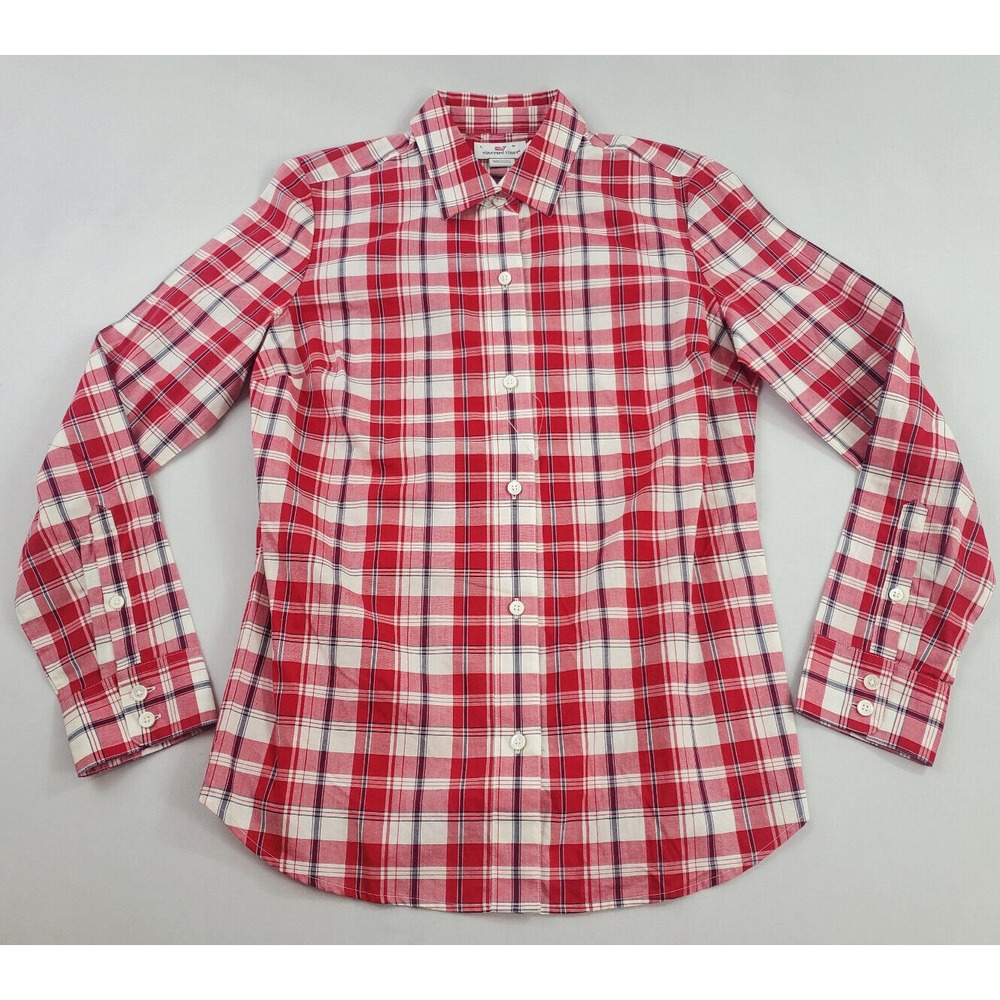 Vineyard Vines women shirt red white cotton check buttons collar sz 4 $78